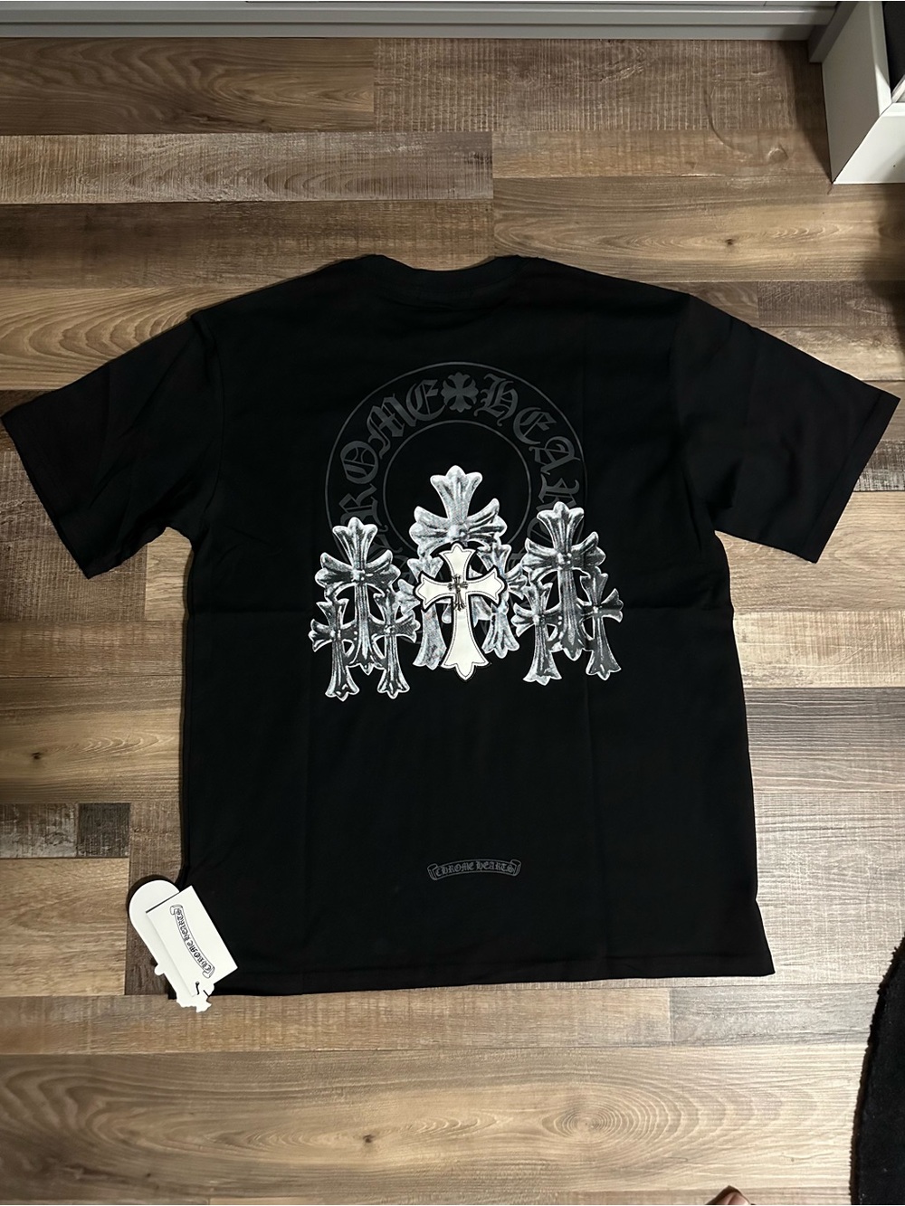 Chrome Hearts Black Tee with Silver Cross Cluster Back Graphic